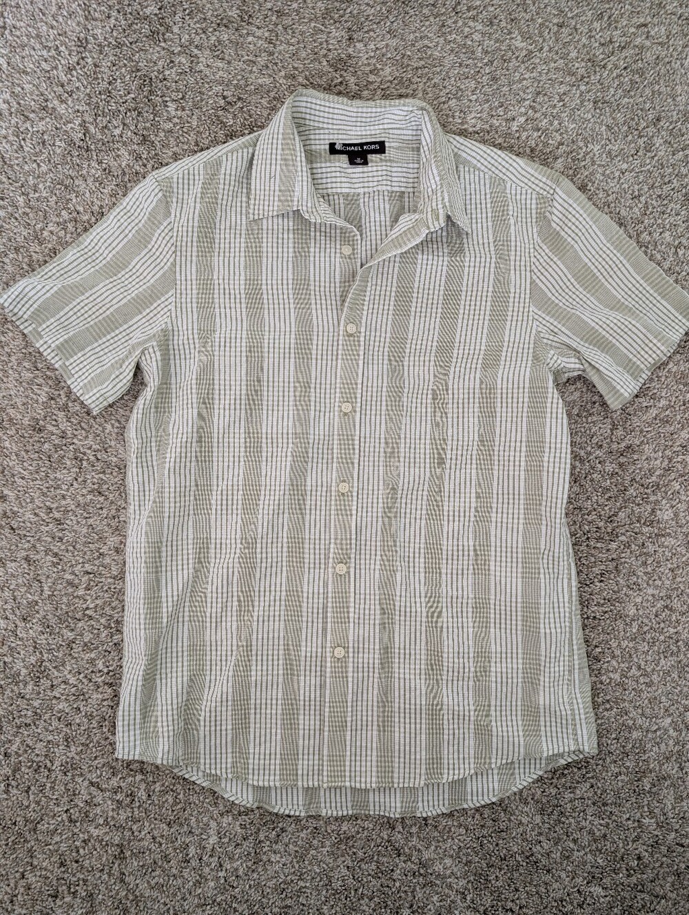 NWT Michael Kors Men's Short-Sleeve Button-Down Sz M– Olive White Plaid Flaw